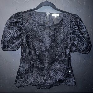 Peach Black Lace Blouse, balloon sleeve back zipper Size: M  like New